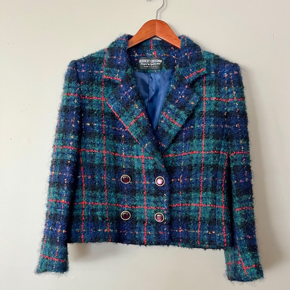 Vintage 80s Herbert Grossman Wool Plaid Cropped Blazer ILGWU USA Size 10